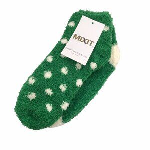 Fuzzy Crew Socks Womens 2 Pack Green White Polka Dot Shoe Size 4-10 Mixit